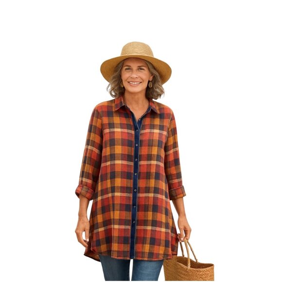 Soft Surroundings Plaid Velvet Trim Button Down Tunic Top Orange Size XL Fall - Picture 1 of 12